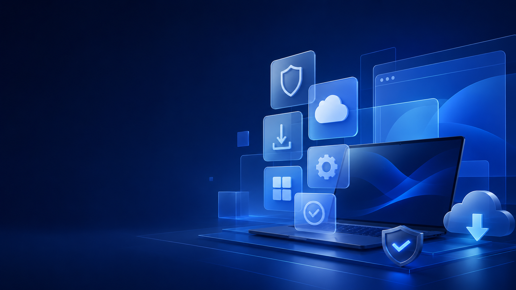 Abstract secure digital software workspace with laptop and cloud icons