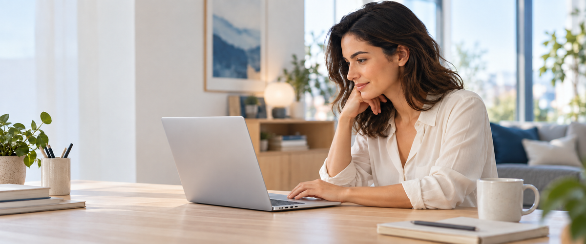 Professional working on a laptop in a bright home office
