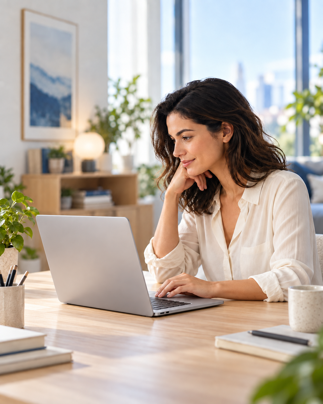 Professional using a laptop in a bright home office